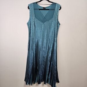 Komarov Satin Pleated Crinkle Midi Dress Sz 2X Teal Blue Y2K Guest